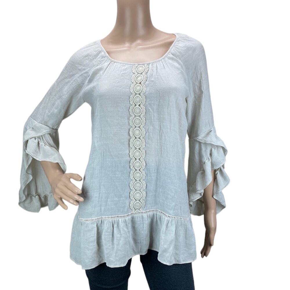 NY Collection Gray Lace Inset Ruffle Sleeve Tunic Top M - Picture 1 of 6